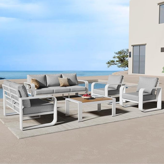 Aluminum Outdoor Patio Furniture Set, 5 Piece Oversized Patio Conversation Sets Widened Armrest & Ultra-Thick Cushions, Heavy Duty Modern Sectional Furniture for Backyard, Porch, White