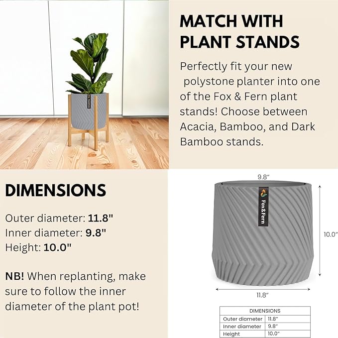 Fox & Fern Large 12 Inch Planter — Premium Polystone Gray Plant Pot with 3D Texture and Drainage Plug - 12 Inch Pots for Plants Indoor - Large Planter for Indoor & Outdoor Plants