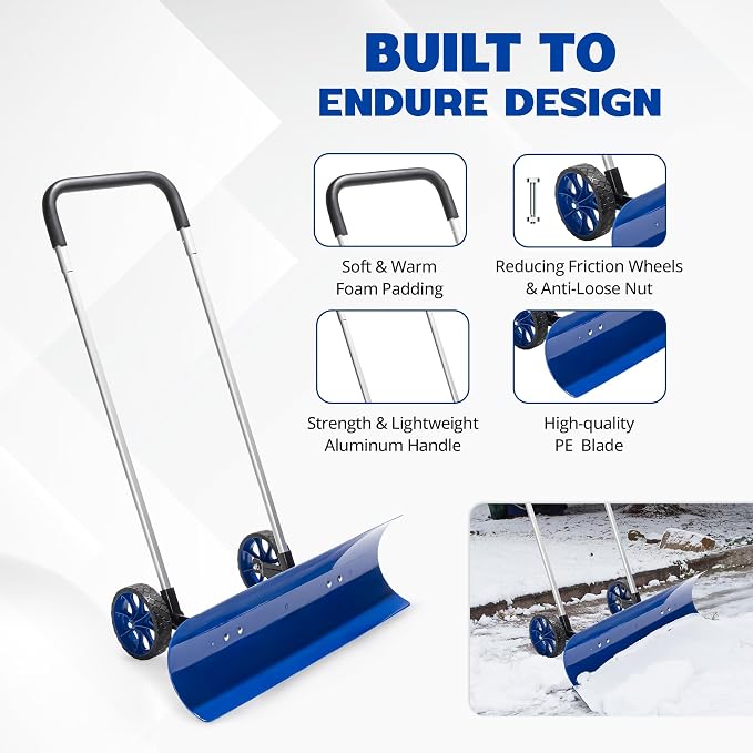 Idzo Efficient Snow Pusher, Snow Plow Shovel with 37-Inch Reversible and Bi-Directional Angled Blade, Snow Shovel with Wheels & Convenient 90 Degree Handle for Driveways, Sidewalks, Ice Hockey Rinks - Image 2