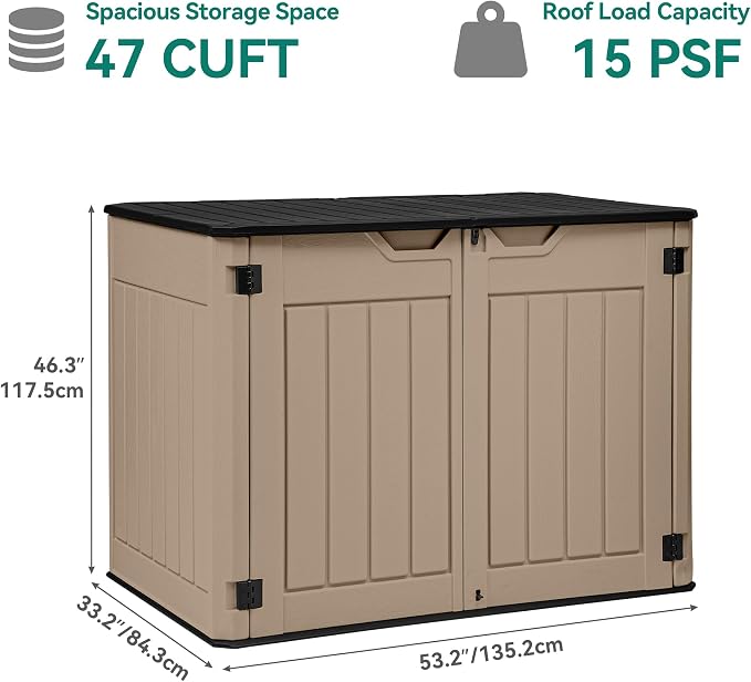 YITAHOME Large Outdoor Horizontal Storage Shed, 47 cu ft Resin Tool Shed w/o Shelf, Outdoor Waterproof Storage with Floor for Trash Cans, Garden Tools, Lawn Mower, Lockable, 4.5x2.8x3.9 ft, Brown - Image 7