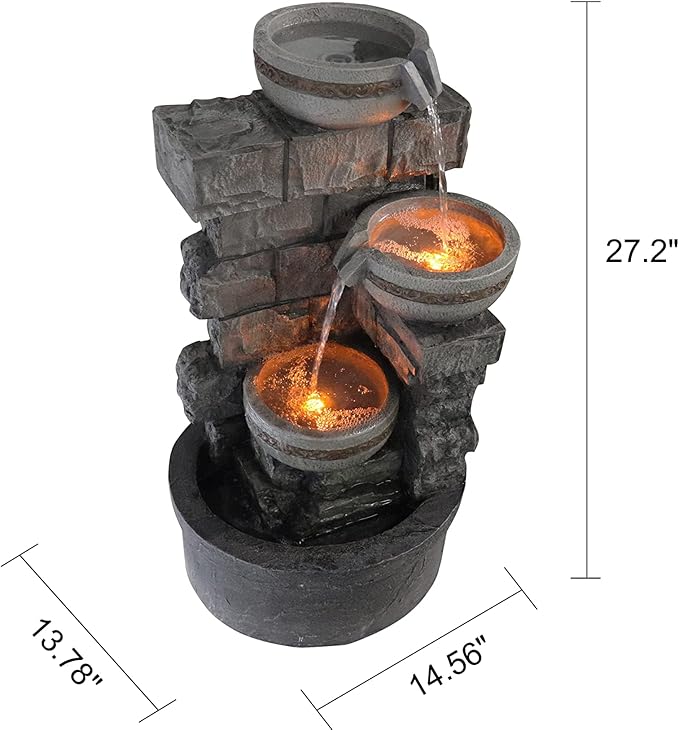 Cheng Pin 3 Tiers Water Fountain Outdoor - 28 Inch Tall Cascading Bowls and Stacked Stones Design, Create Relaxing Waterfall Flow Water Feature for Your Garden, Patio, Backyard,Lawn