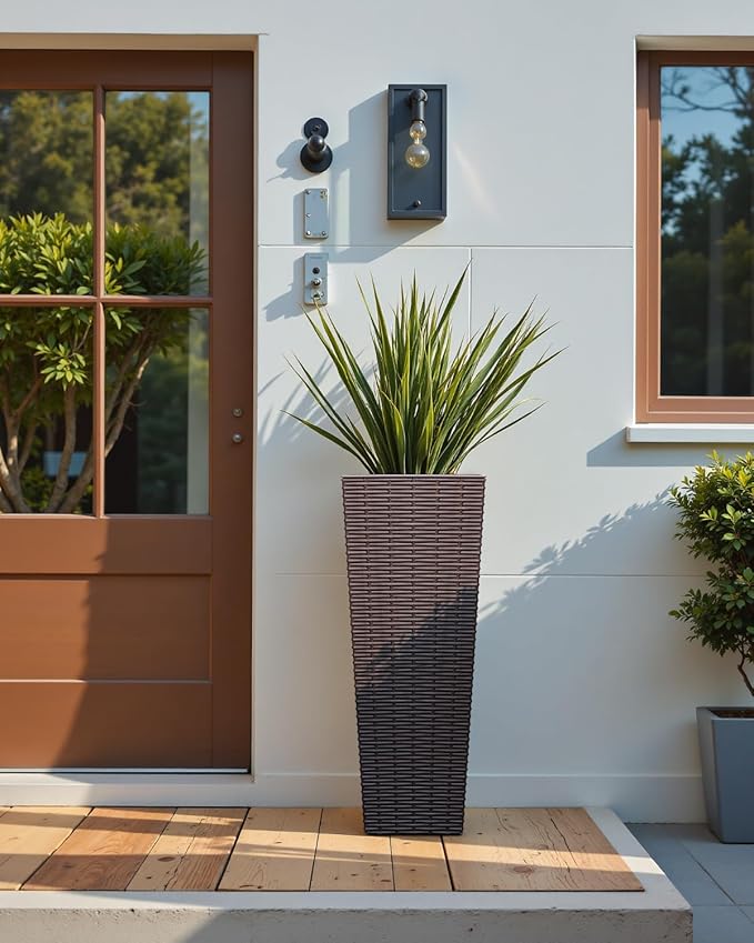 24 Inch Tall Plastic Planters (Set of 2), Detachable Inner Pot & Drainage Holes, Outdoor Decorative Flower Pots for Large Plants, Trees, Patio, and Garden, Brown