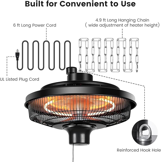 Hanging Patio Heater, 1500W Electric Infrared Heaters for Home, Gazebo, Garage, Greenhouse, Ceiling Mount with Overheat Protection, IPX4 Water Resistance, Adjustable Height (Black)