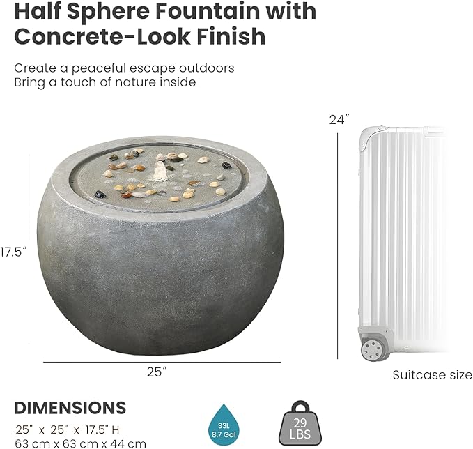 Solar Water Fountain Outdoor Garden Bubbler Large Water Feature Outdoor Fountains Solar Powered with Pebbles for Patio Deck Yard Home Decor Gray, 25 "L X 25" W X 17.5" H