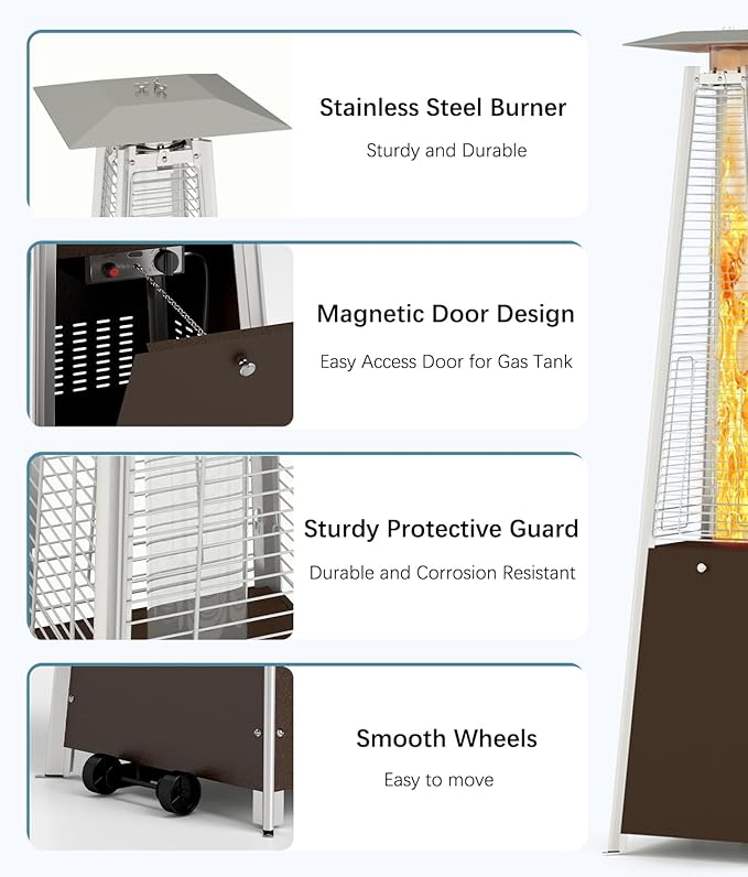 48,000 BTU Pyramid Patio Heater, Outdoor Propane Patio Heater with Detachable Wheels and Protective Cover, Triple Safety Protection Propane Heaters for Terrace, Garden, Hammered Bronze
