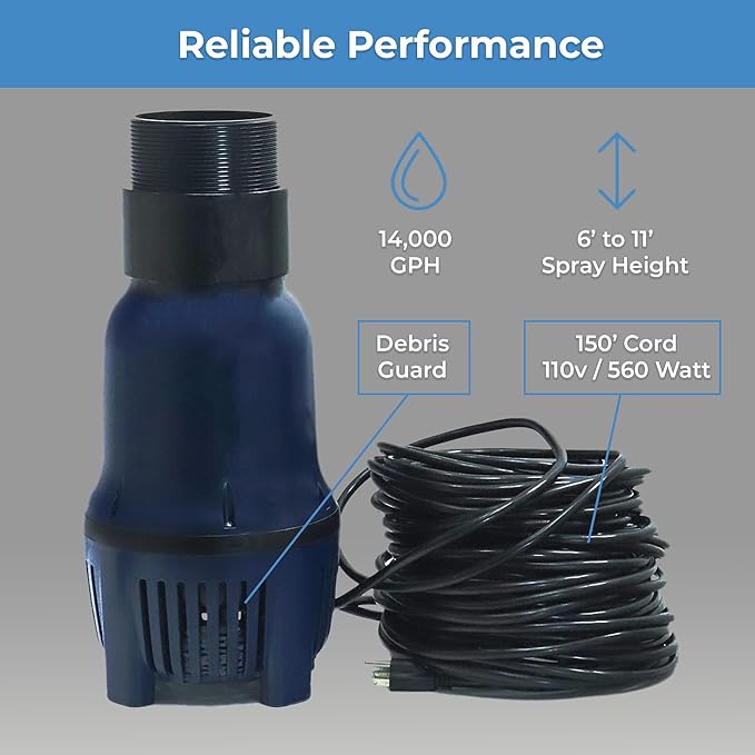 Custom Pro FT 14000 Floating Pond Fountain and Aerator | Complete Kit with 14,000 GPH Pump, 150 Foot Power Cord, 3 Spray Styles and More | 100% US-Based Customer Service and Warranty Support!