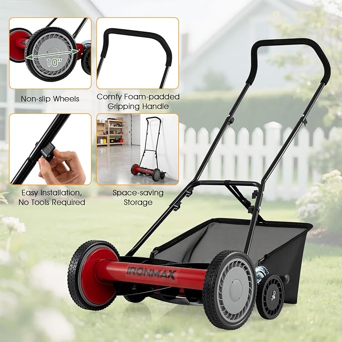 IRONMAX 18 Inch 5-Blade Push Reel Lawn Mower, 9-Level Adjustable Cutting Heights, Removable Grass Catcher, Lightweight No Motor Walk-Behind Manual Grass Cutter for Garden Yard Park (Red, 18 Inch) - Image 7
