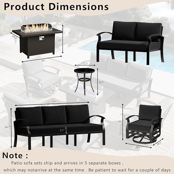 Aluminum Patio Furniture Set with Fire Pit Table, 7 Seats Outdoor Patio Conversation Sets with Swivel Chair Modern Metal Sectional Sofa with Upgrade Cushions for Patio, Backyard