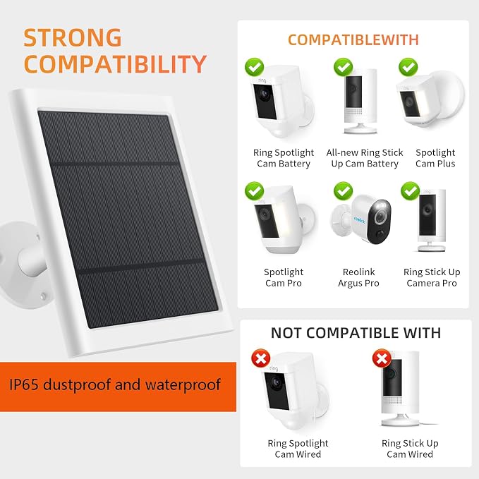 8 Pack IP65 Solar Panel for Rings Camera, 4W Solar Charger Compatible with Rings Spotlight &All-New Stick Up Outdoor Cam Battery, 10ft Long Cable with USB-C to Barrel Plug Adapter - Image 2