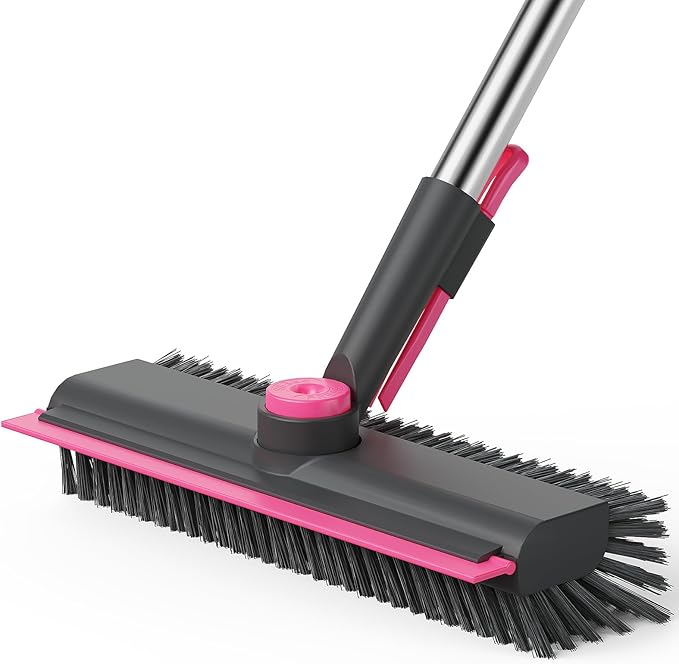 AIR U+ Floor Scrub Brush with Long Handle, 3 in 1 Scrape and Heavy-Duty Stiff Bristle Scrubber Brush for Cleaning Shower Bathroom, Patio, Pool, Garage, Kitchen, Wall and Deck, Gray and Pink by AIRU