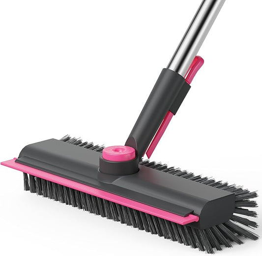 AIR U+ Floor Scrub Brush with Long Handle, 3 in 1 Scrape and Heavy-Duty Stiff Bristle Scrubber Brush for Cleaning Shower Bathroom, Patio, Pool, Garage, Kitchen, Wall and Deck, Gray and Pink by AIRU
