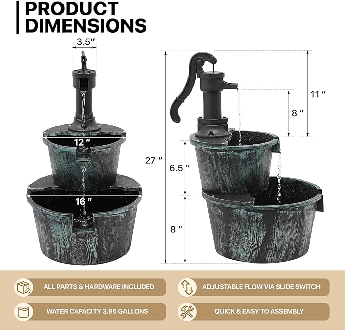 MoNiBloom Outdoor Water Fountains, 27" Tall 2-Tier Barrel and Pump Waterfall Fountain and Pump for Outdoor Patio Garden Backyard Deck, 11L Water Capacity, Green