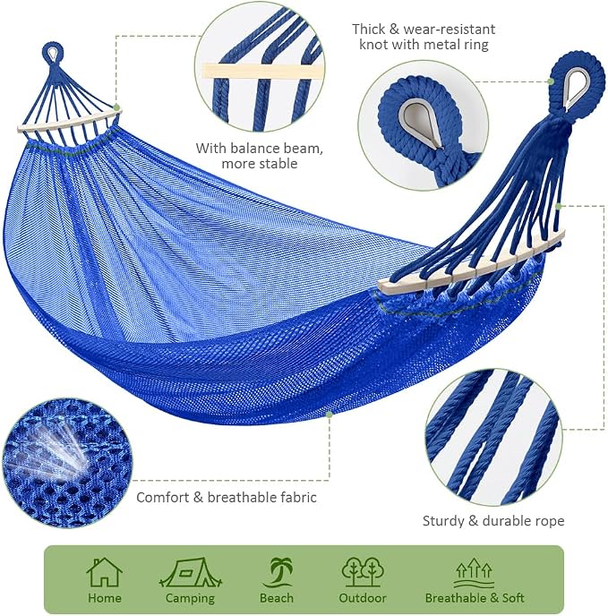 Outdoor Hammock, Super Soft and Breathable Mesh Hammock Made of Cool Nylon with Wooden Bars for Indoor, Balcony, Terrace, Garden, Camping, Backpacking - Image 2