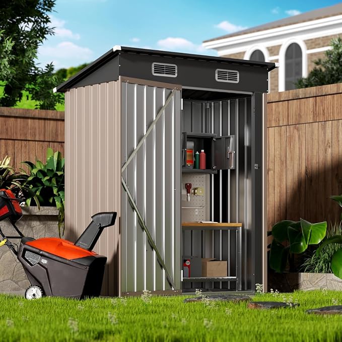 5x2.5 FT Vertical Metal Storage Shed, Lockable Outdoor Garden Tool Shed with Sloped Roof, Heavy-Duty Steel Utility Shed for Patio Backyard, Brown - Image 7