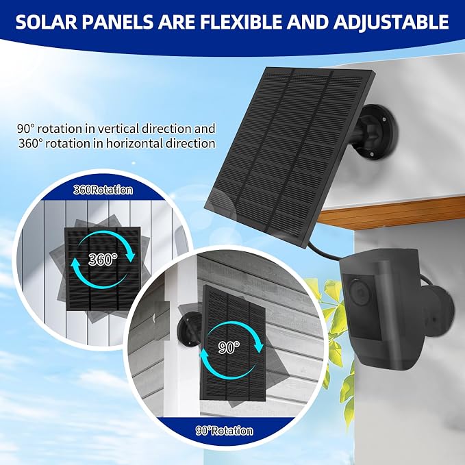 Solar Panels for Ring Camera Outdoor (New Generation) 5W 5V Solar Panel Charger with USB-C&Plug for Spotlight Cam Plus&Stick Up Cam Pro.Waterproof IP65 360°Adjustable 2M Cable (Black, 2) - Image 4