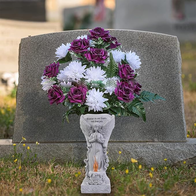 Cemetery Commemorative Gift - Garden Angel Statue with Solar Lights and Vases, Prayer Angel Vase,Angel Garden Statues Outdoor Decor, Tomb Cemetery Decoration