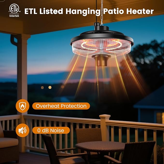 Hanging Patio Heater, 1500W Electric Infrared Heaters for Home, Gazebo, Garage, Greenhouse, Ceiling Mount with Overheat Protection, IPX4 Water Resistance, Adjustable Height (Silver)