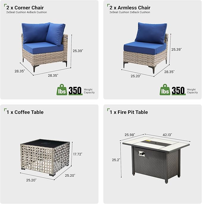 6 Pcs Patio Furniture with Fire Pit Table, Outdoor Rattan Wicker Conversation Set with Glowing Coffee Table, Comfy Sectional Sofa for Porch Balcony Backyard Pool, Blue