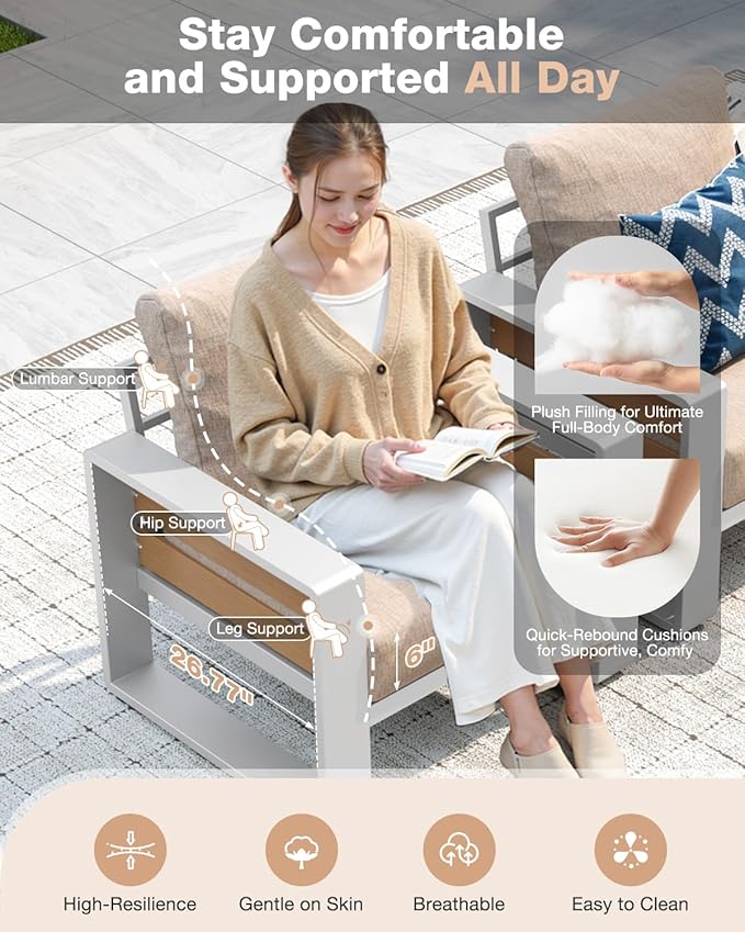 Aoxun Aluminum Patio Furniture Set with Fire Pit Table, 4 Piece Luxury Outdoor Sectional with 6" Olefin Fabric Cushions, Patio Conversation Sets with Waterproof Cover for Backyard, Porch Beige