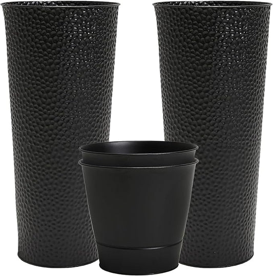Worth 2 Pack 28" Tall Narrow Metal Planter with Inside Pot for Indoors or Outdoors, Deck, Patio or Front Porch, Hand-Hammered Texture, Black