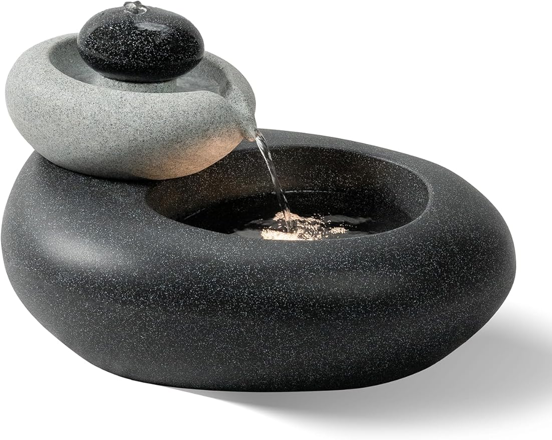 13.39" H Outdoor Water Fountain Made with Eco-Friendly Recyclable Materials, Polyethylene Rock Waterfall Outdoor Fountain, Garden Decor with LED Light & Pump for Patio, Backyard (13.39")
