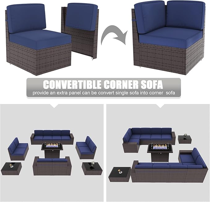 LayinSun 13 Pieces Outdoor Patio Furniture Set with 44" Fire Pit Table Brown Rattan Sectional Sofa Conversation Sets