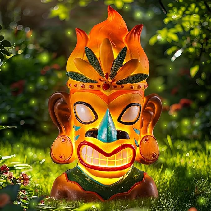WINTS Solar Tiki Statue,Outdoor Tiki Statue with Solar Light,Flickering Flame Tiki Decor for Bar Yard Garden Patio Decoration -10 x 6 x 4.1 Inches