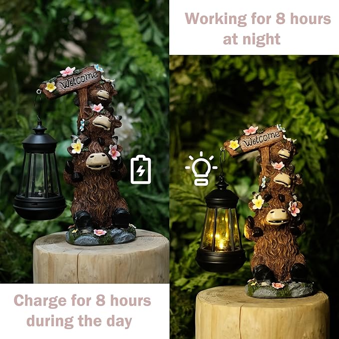 Solar Garden Statues Highland Cow Outdoor Decor Resin Highland Cow Figurine with LED Light Outside Lawn Yard Patio Balcony Gifts for Mom Women