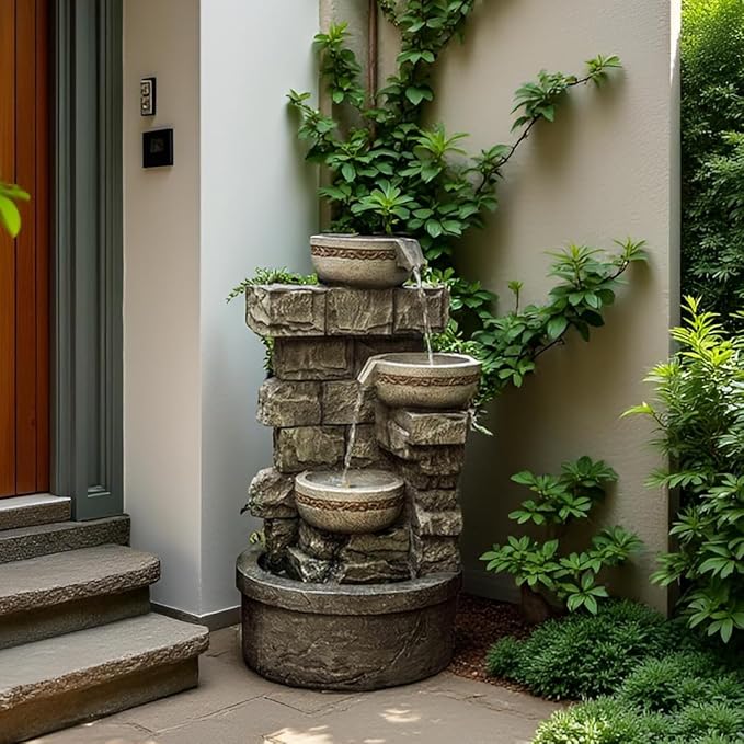 Cheng Pin 3 Tiers Water Fountain Outdoor - 28 Inch Tall Cascading Bowls and Stacked Stones Design, Create Relaxing Waterfall Flow Water Feature for Your Garden, Patio, Backyard,Lawn