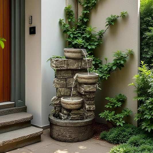 Cheng Pin 3 Tiers Water Fountain Outdoor - 28 Inch Tall Cascading Bowls and Stacked Stones Design, Create Relaxing Waterfall Flow Water Feature for Your Garden, Patio, Backyard,Lawn