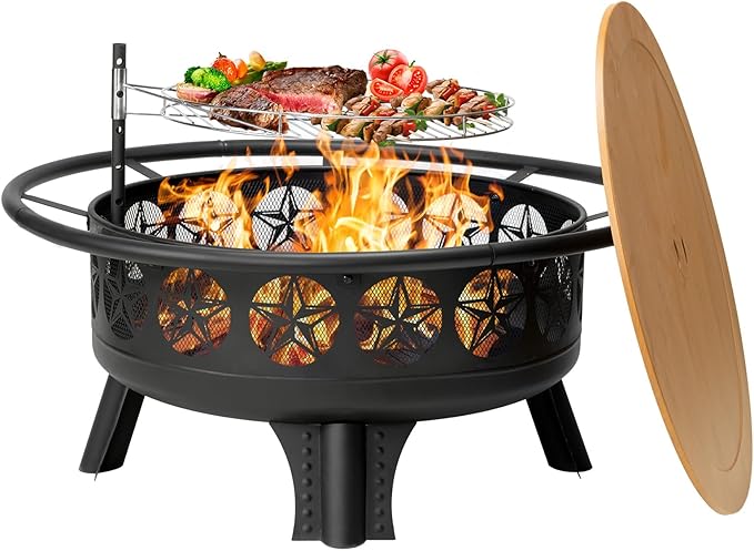 Verdeluxe 38” Wood Burning Fire Pits for Outside,3-in-1 Fire Pit with Grill, Spark Screen & Fire Poker,Outdoor Firepit Table with Swivel Cooking Grate for Yard BBQ Bonfire Patio Camping (38 inch) by OutdoorFirePit