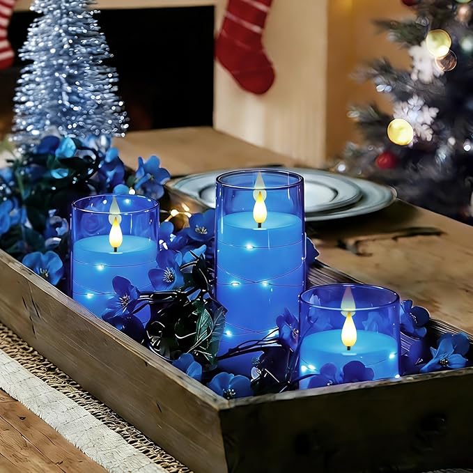 Homemory Flameless Candles with Embedded Star String Fairy Lights, Battery Operated Candles, LED Candle, Fake Candles with Remote Control and Timer, Blue, Set of 3(H 4" 5" 6?€?)