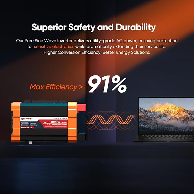 BELTTT 1000Watt Pure Sine Wave Inverter 12V DC to 120V AC for RV, Truck, Off-Grid, Solar Inverter 12V to 110V Converter with Dual AC Socket and 5V 2.1A USB, Power Inverter, Intelligent LCD, 2000W Peak - Image 3