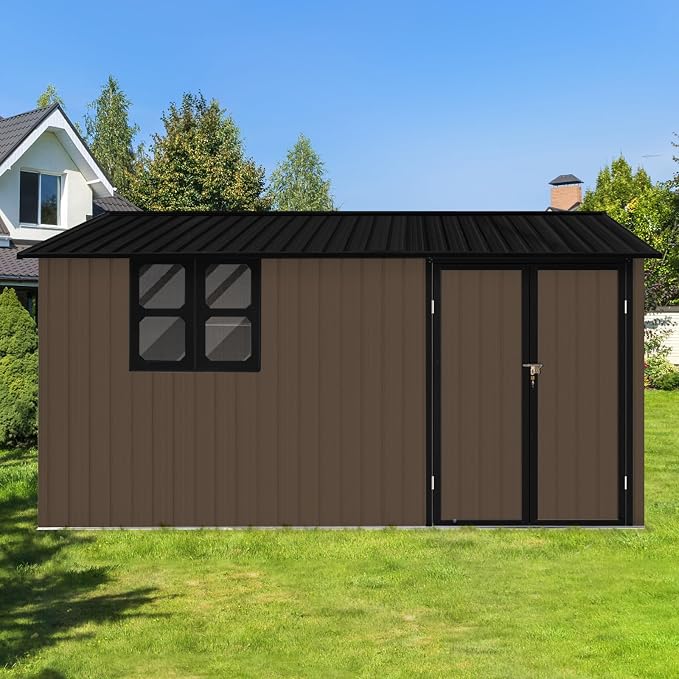10x12 FT Outdoor Storage Shed, Large Metal Garden Shed with 4-pane Window, Outside Tool Shed with Lockable Hinged Door & 4 Air Vents, Waterproof Storage Building for Backyard, Patio, Lawn, Brown+Black - Image 8