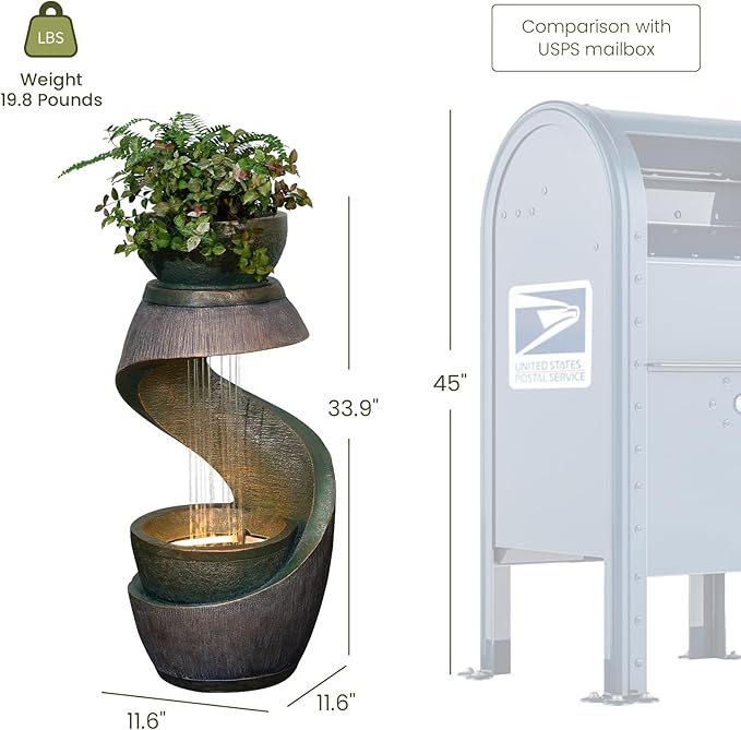 31.9" Outdoor Water Fountain with Lights – S-Shaped Water Feature Outdoor Modern Resin Waterfall Feature with Bowl Planter, Decorative Garden Fountain for Patio Balcony Porch Yard, Gold