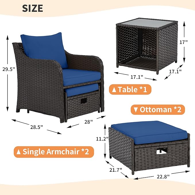 HOMREST 5 Piece Balcony Furniture, All Weather PE Wicker Rattan Patio Furniture Set, Cushioned Patio Chairs Set of 2 w/Ottoman&Table, Outdoor Lounge Chair for Lawn Pool Balcony, Navy Blue