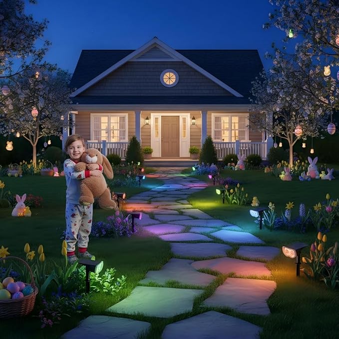 Linkind Solar Lights Outdoor Waterproof IP65, StarRay RGB Solar Spot Lights Outdoor, Color Changing Outdoor Solar Lights for Yard, Garden, Pathway, Easter Decor (Multicolor, 2 Pack)