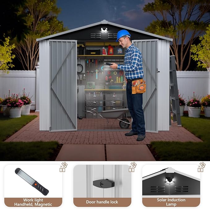 10X8 FT Outdoor Storage Shed, Metal Garden Shed - Tool Storage Sheds with Lockable Doors, Waterproof Outside Storage Building for Backyard, Patio (White; Floor Not Included) - Image 2