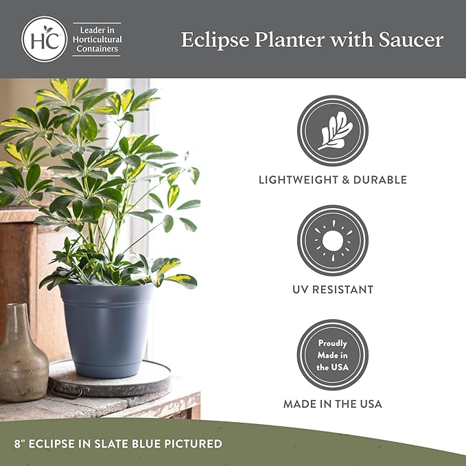 The HC Companies 8 Inch Eclipse Round Planter Pots with Drainage Holes & Attached Saucer, Lightweight UV-Resistant Plastic Indoor & Outdoor Planters, 4-Pack Flower Pots for Garden & Home Decor, White