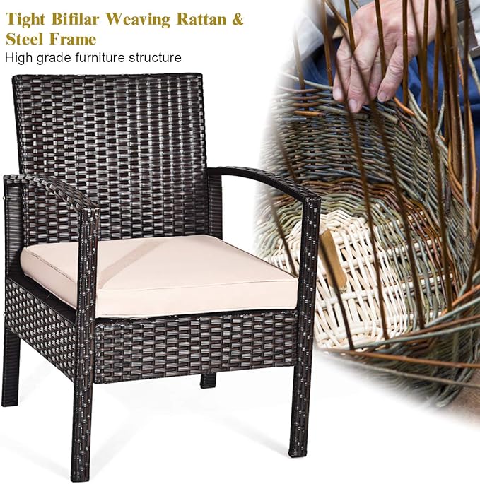 4 Pieces Patio Furniture Set, Wicker Conversation Set with Water-Resistant Cushion & Tempered Glass Table, Porch Deck Furniture Outdoor Rattan Chair for Backyard, Balcony(Beige)