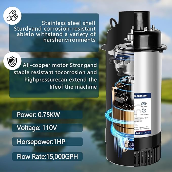 Pond Fountain Aerator 750W -Pond Fountain -1HP 15000 GPH Floating Aerator Pump-100ft Power Cord-2×Metal Ground Stakes-33x2Ft Traction Rope -for Ponds and Lakes 2026 Latest Model