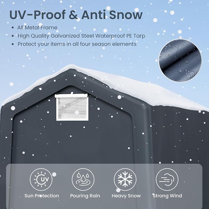 PHI VILLA 6x10ft Storage Shelter Shed, Portable Carports Outdoor Garage Canopy with Roll up Zipper Doors & Vents Waterproof UV Resistant Garages Tent for Cars,Boats,Tools, Motorcycle, Gray - Image 3