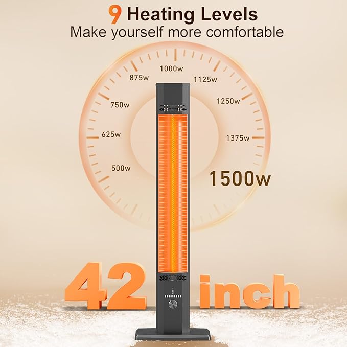 Outdoor Patio Heater with 9 Heat Levels,Space Heater for Garage Backyard Room Indoor,1500W Fast Electric Infrared Heater,9H Timers,Waterproof,Child Lock,Black Large