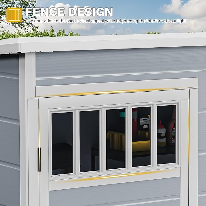 DWVO Outdoor Storage Shed, All-Weather Resin Plastic Storage Shed with Windows, Slanted Roof, Raised Floor, Capacity for Garden Tools & Equipment, Ideal for Backyard & Garden (Gray, 5X3FT) - Image 6