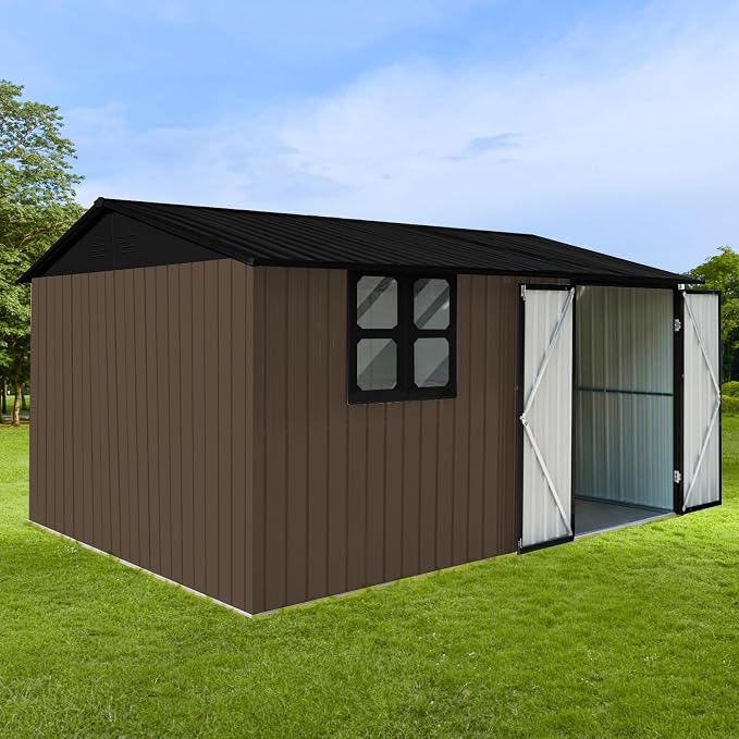 10x12 FT Outdoor Storage Shed, Large Metal Garden Shed with 4-pane Window, Outside Tool Shed with Lockable Hinged Door & 4 Air Vents, Waterproof Storage Building for Backyard, Patio, Lawn, Brown+Black - Image 7