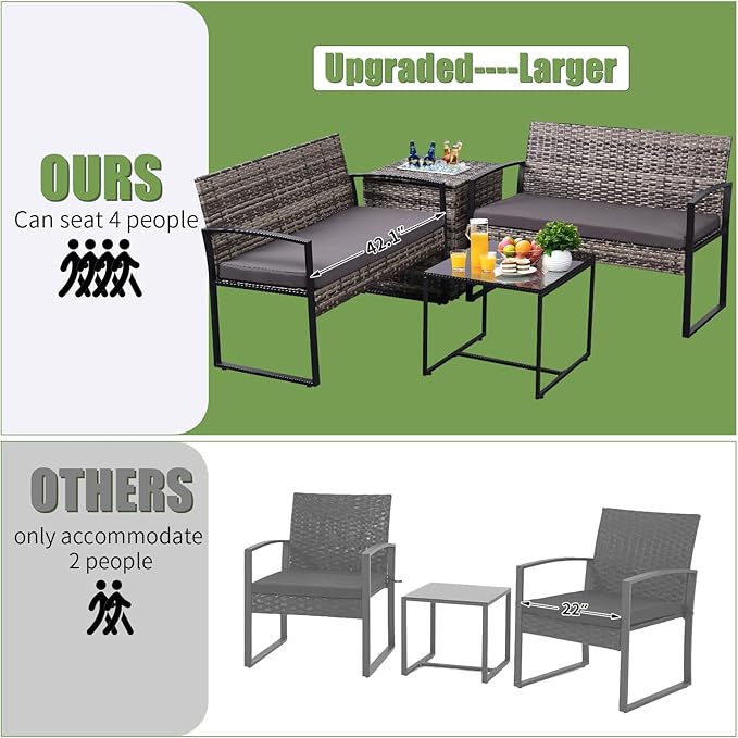FHFO 4 Piece Outdoor Patio Furniture Set with Built-in Beverage Cooler Storage Box, Wicker Conversation Sets Patio Outdoor Loveseats & Coffee Table for Outside, Garden, Balcony, Porch, Grey/Grey