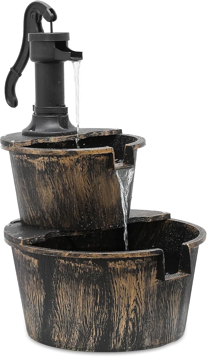 MoNiBloom Outdoor Water Fountains, 27" Tall 2-Tier Barrel and Pump Waterfall Fountain and Pump for Outdoor Patio Garden Backyard Decking, 11 L Water Capacity, Bronze
