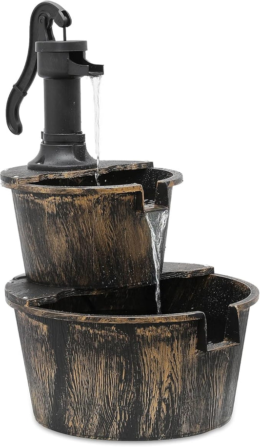 MoNiBloom Outdoor Water Fountains, 27" Tall 2-Tier Barrel and Pump Waterfall Fountain and Pump for Outdoor Patio Garden Backyard Decking, 11 L Water Capacity, Bronze