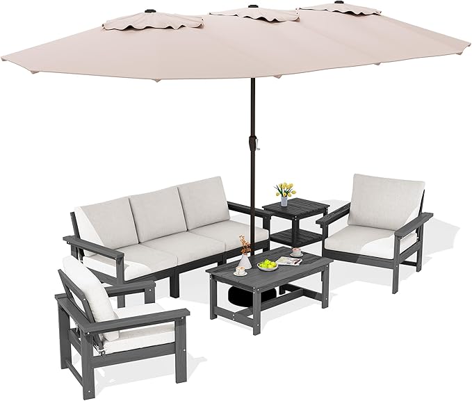 SERWALL HDPE Patio Furniture Set with 15FT Patio Umbrella, 7-piece Outdoor Sectional Sofa Set, All Weather Patio Couch Set for Deck, Gray & Beige(Umbreall Base not Included)