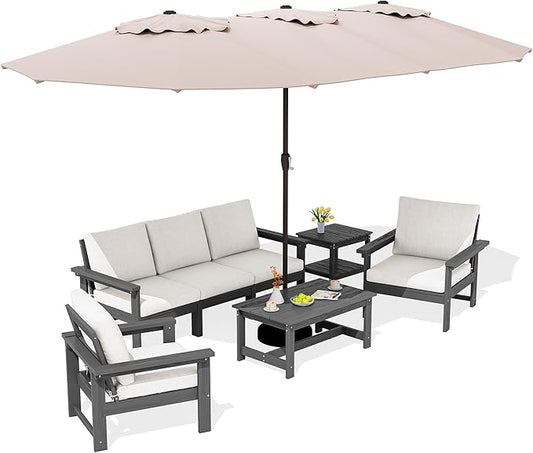 SERWALL HDPE Patio Furniture Set with 15FT Patio Umbrella, 7-piece Outdoor Sectional Sofa Set, All Weather Patio Couch Set for Deck, Gray & Beige(Umbreall Base not Included)